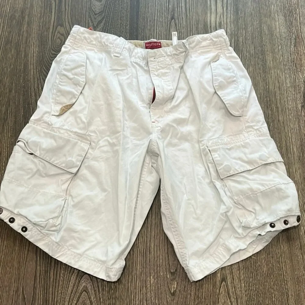 Red Label Hilfiger Denim Mens Cargo Shorts Mid Rise 100% Cotton White Size 32